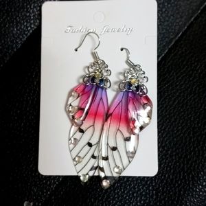 Butterfly earrings rhinestones pink purple clear